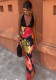 Spring Summer Fashion Lace Patchwork Print Halter Sexy Low Back Long Dress