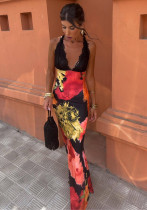 Spring Summer Fashion Lace Patchwork Print Halter Sexy Low Back Long Dress Spring Summer Fashion Lace Patchwork Print Halter Sexy Low Back Long Dress