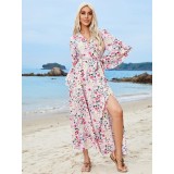 Bohemian Ruffle Patchwork Half-Sleeved V-Neck Belt Slit Dress