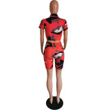 Women's Sexy Camouflage Short Sleeve Zipper High Waist Two-Piece Set