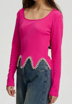 Solid Color Knitting Ribbed Long Sleeve Irregular Knitting Top