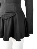 Women's Sports Casual Tight Fitting Slim Waist Long Sleeve Top Mini Skirt Two-Piece Set