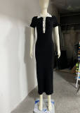 Turndown Collar Chic Contrast Color Short Sleeve Single-Breasted Female Knitting Long Dress