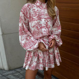 Women's Early Autumn Retro Print Puff Sleeve Slim Waist Belt Short Dress