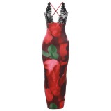 Spring Summer Fashion Lace Patchwork Print Halter Sexy Low Back Long Dress