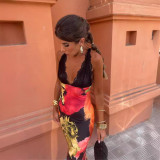 Spring Summer Fashion Lace Patchwork Print Halter Sexy Low Back Long Dress