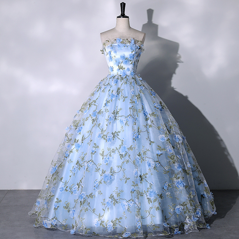 Luxury Strapless Floral Embroidered Formal Party Wedding Dress Bride Evening Gown(Process Time Need 5-7 Days)