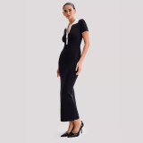 Turndown Collar Chic Contrast Color Short Sleeve Single-Breasted Female Knitting Long Dress