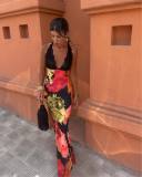 Spring Summer Fashion Lace Patchwork Print Halter Sexy Low Back Long Dress