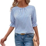 Summer Women's Clothing Plus Size Loose Striped Three-Quarter Sleeve Shirt