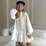 Women's Early Autumn Retro Print Puff Sleeve Slim Waist Belt Short Dress