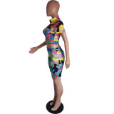 Women's Sexy Camouflage Short Sleeve Zipper High Waist Two-Piece Set