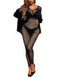 Women's Beaded Crotchless Temptation Sexy Long-Sleeved V-Neck Jumpsuit