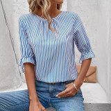 Summer Women's Clothing Plus Size Loose Striped Three-Quarter Sleeve Shirt