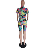 Women's Sexy Camouflage Short Sleeve Zipper High Waist Two-Piece Set