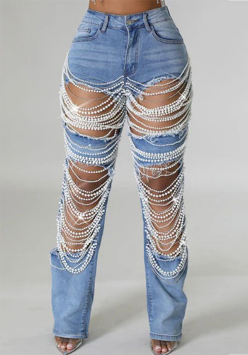 Women Chain Ripped Denim Pants