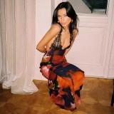 Spring Summer Fashion Lace Patchwork Print Halter Sexy Low Back Long Dress