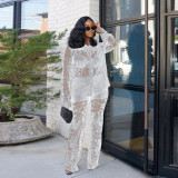 Summer Women Sexy Lace Pattern Turndown Collar See-Through Top and Pant Two-piece Set