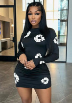 Women Round Neck Long Sleeve Flower Print Dress Women Round Neck Long Sleeve Flower Print Dress