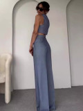 Women Summer Solid Round Neck Sleeveless Vest and Wide-leg Pants Two-piece Set