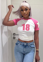 Summer Women Casual Contrast Five-pointed Star Print Round Neck Short Sleeve Top Summer Women Casual Contrast Five-pointed Star Print Round Neck Short Sleeve Top