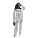 Summer Women Sexy Lace Pattern Turndown Collar See-Through Top and Pant Two-piece Set