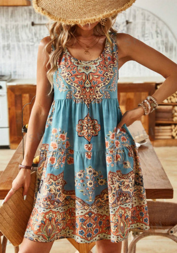 Women Summer Printed Sleeveless V-neck Holidays Print Dress