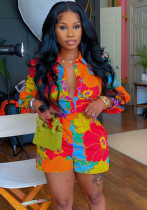 Summer Women Flower Print Long Sleeve Shirt Shorts Two-piece Set Summer Women Flower Print Long Sleeve Shirt Shorts Two-piece Set