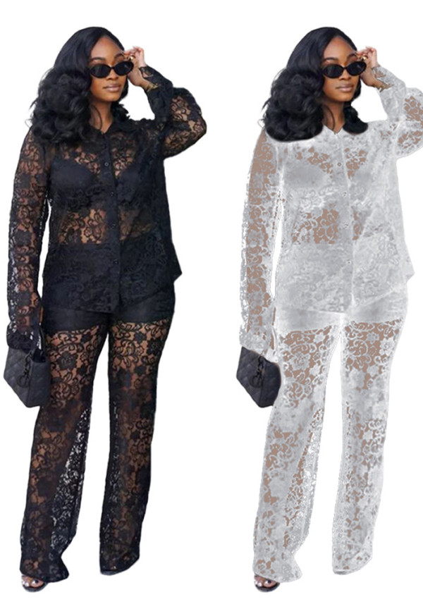 Summer Women Sexy Lace Pattern Turndown Collar See-Through Top and Pant Two-piece Set