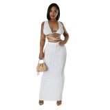 Summer Women Cow Shutter Lace Sleeveless Lace Backless Skirt Two-piece Set