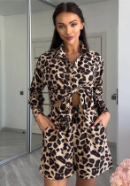Summer Leopard Print Long Sleeve Shirt And Shorts Two-piece Set Summer Leopard Print Long Sleeve Shirt And Shorts Two-piece Set