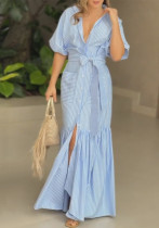 Women Chic Stripe Turndown Collar Maxi Dress