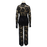 Summer Women Sexy Lace Pattern Turndown Collar See-Through Top and Pant Two-piece Set