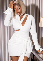 Women Solid Sexy V Neck Backless Lace-up Dress