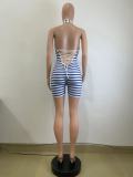Women summer striped print Halter Neck Backless Sexy Romper