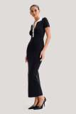 Turndown Collar Chic Contrast Color Short Sleeve Single-Breasted Female Knitting Long Dress