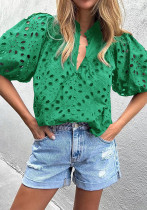 Women Chic puff sleeve embroidered shirt