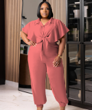 Plus Size Women Summer Button Tie Solid Top And Pant Casual Two-piece Set
