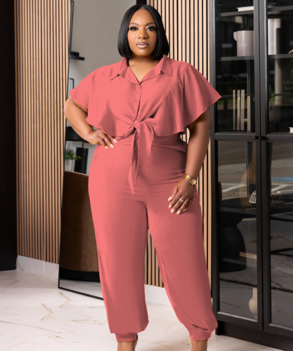 Plus Size Women Summer Button Tie Solid Top And Pant Casual Two-piece Set