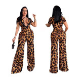 Summer Women Leopard Print Tie-Drawstring Chest Wide Leg Jumpsuit