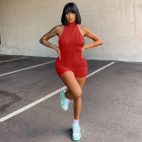 Women's Solid Color Halter Neck Sexy Low Back Short Jumpsuit