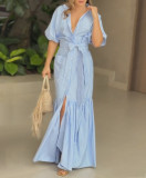 Women Chic Stripe Turndown Collar Maxi Dress