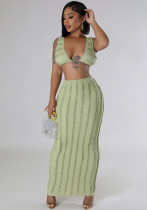 Summer Women Cow Shutter Lace Sleeveless Lace Backless Skirt Two-piece Set