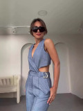 Women Summer Solid Round Neck Sleeveless Vest and Wide-leg Pants Two-piece Set