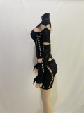 Women Solid Studded High Neck Ripped Long Sleeve Sexy Mini Dress