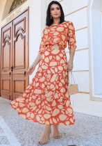 Women's printed Chic elegant Round Neck Patchwork A-line long skirt set