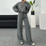 Autumn solid color zipper loose top Casual trousers set