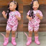 Children's Girls Fashion Butterfly Print Casual two piece shorts Set