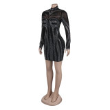 Sexy See-Through Beaded Mesh long sleeve Bodycon club dress