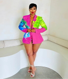 Women's Fashion Casual Collar Printed Blazer Shorts Two Piece Suit